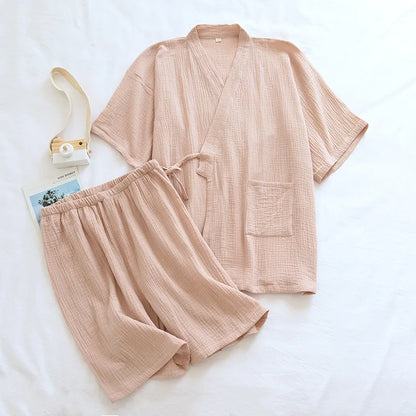 Summer Japanese Couples Pajamas Thin Cotton Gauze Crepe Short Sleeve Shorts Kimono Men and Women Home Clothes 2 Piece Sleepwear Men beige