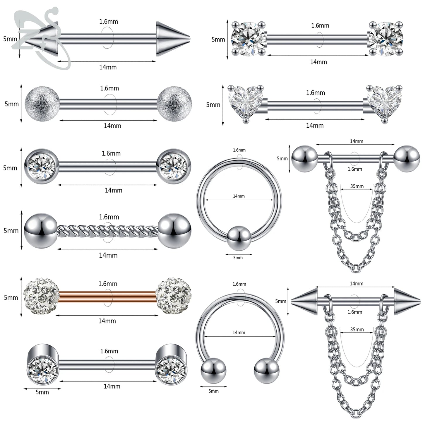 ZS 2 Pcs/lot Heart Crystal Nipple Piercings Men Women Tassel Drop Stainless Steel Nipple Ring Barbell Body Piercing Jewelry 14G Badiee Stylez