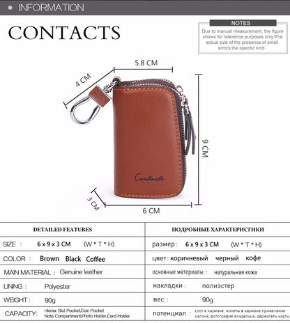 CONTACT'S Classic New Double Zip Men's Genuine Cow Leather Car Key Holder Multifunction Housekeeper High Class Motor Key Case