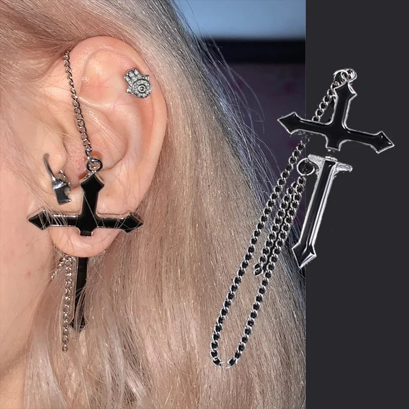 2Pcs Vintage Black Cross Earrings Punk Goth Long Chain Harajuku Streetwear Unisex Stud Earrings For Women Men Korean Jewelry Badiee Stylez