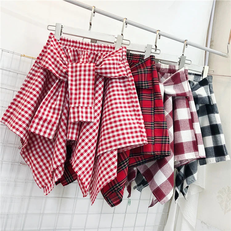 TOTRUST Fashion College Asymmetrical Skirt Women Summer Plaid Skirt Women Casual Students Fake Shirt Mini Skirt Female Saia