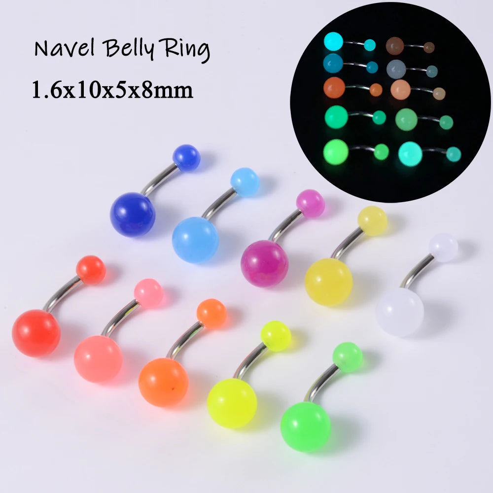 10/14pcs/Set Luminous Surgical Steel Tongue BCR Navel Belly Ring Acrylic Glow in the Dark Ball Labret Stud Body Piercing Jewelry 10PCS Belly Ring CHINA