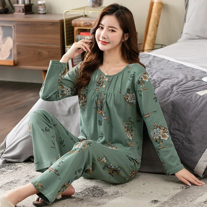 Big yards M-4XL v-neck long sleeve pajamas set for women floral print nightwear autumn cotton sleepwear nightie female pyjama TM8431