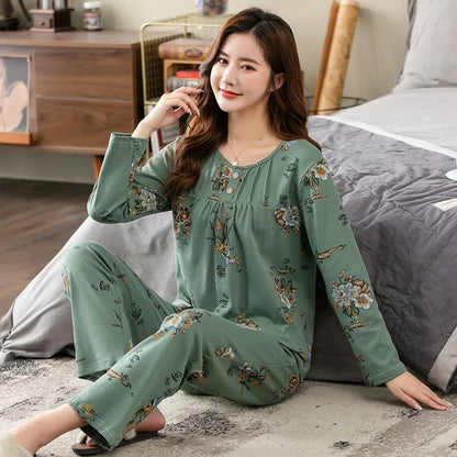 Big yards M-4XL v-neck long sleeve pajamas set for women floral print nightwear autumn cotton sleepwear nightie female pyjama TM8431
