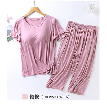 2025 summer new ladies modal pajamas two-piece suit with chest pad short-sleeved cropped trousers plus size home service set