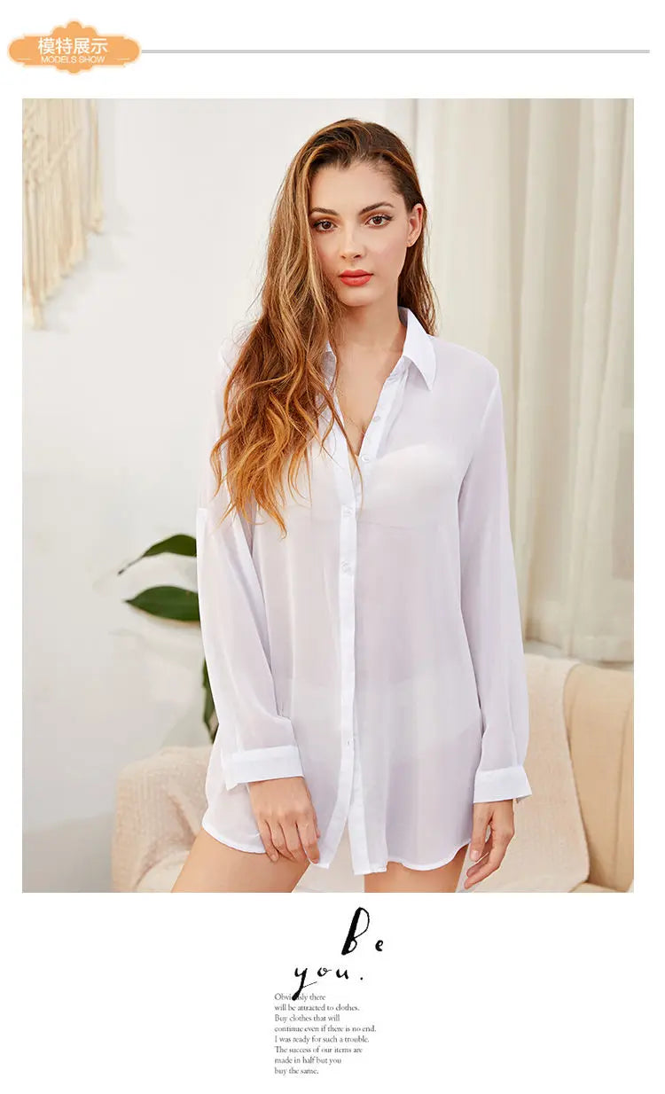 Women's Shirt Mid-length White Transparent Sexy Blouse Shirt Suncreen Casual Top Thin Summer Street Wear Loose Chiffon Shirt