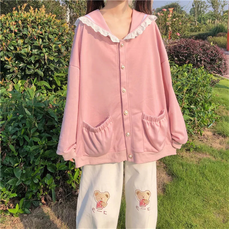 Autumn Sweet Women Hoodies Loose Hooded Sailor Collar Cute Lace Patchwork Female Zip Up Hoodies 2025 NEW