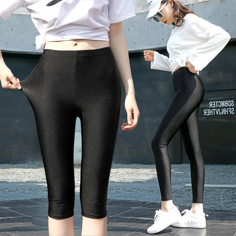 lady summer short pants women solid black shine breathable above knee short capris korean skinny neon pant