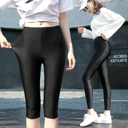 lady summer short pants women solid black shine breathable above knee short capris korean skinny neon pant