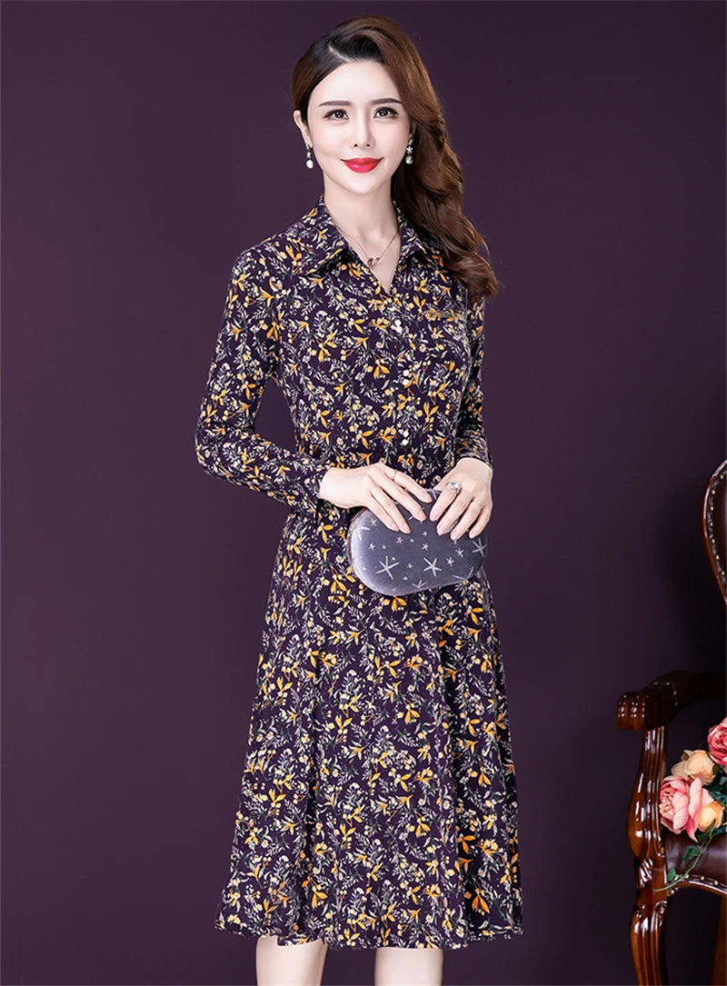 JiuMeiDai-Women's Elegant A-Line Polo Dress, Floral Print Robe, Vintage Designer Party Clothing, Office Lady, Autumn Badiee Stylez