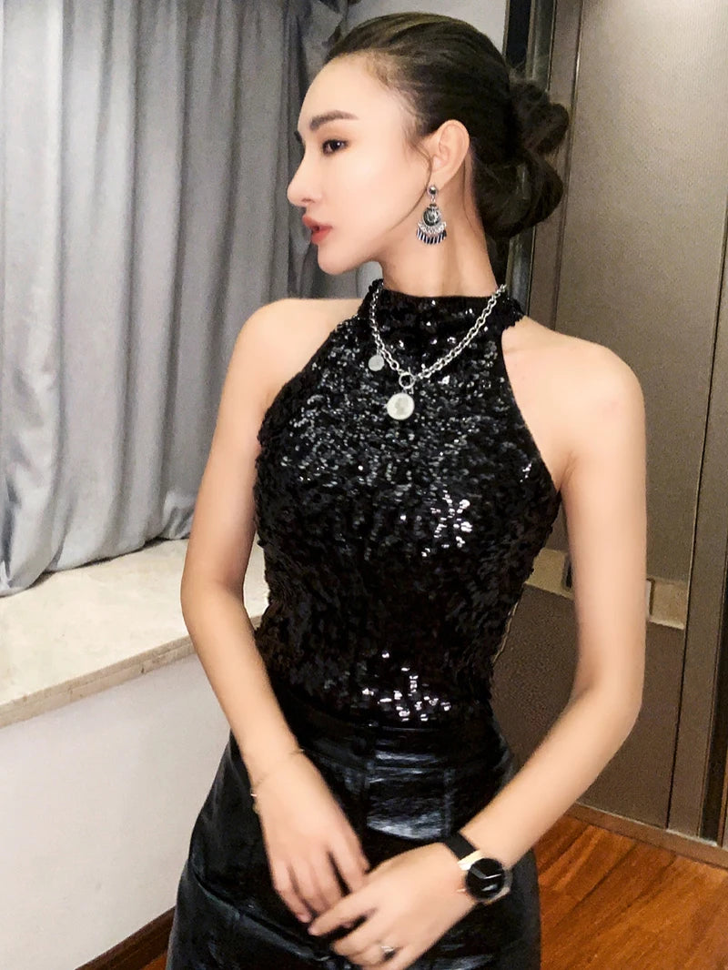 Sequins Women Fashion Shimmer Flashy Embellished High Quality Halter Neck Sleeveless Vest Sexy Tank Top Clubwear Stage Perform