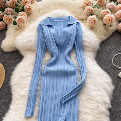 SINGREINY Women Korean Knitted Dress Long Sleeve V Neck Elastic Slim Pencil Dresses 2021 Autumn Sexy Bodycon Split Sweater Dress