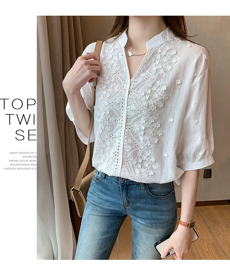 Summer Floral Embroidery Lace Blouse Fashion Women V Neck Casual Shirt Chic Short Sleeve Hollow Out Tops Elegant Blusas 24350