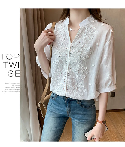 Summer Floral Embroidery Lace Blouse Fashion Women V Neck Casual Shirt Chic Short Sleeve Hollow Out Tops Elegant Blusas 24350