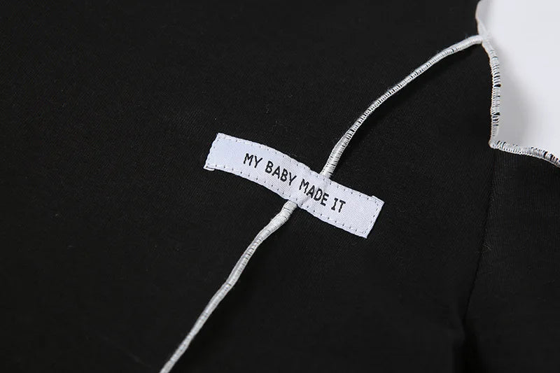 Patchwork Black T-shirts Gothic One Shoulder Sleeve Y2k Crop Tops Ruffles Hem Hip Hop Techwear Women Tees