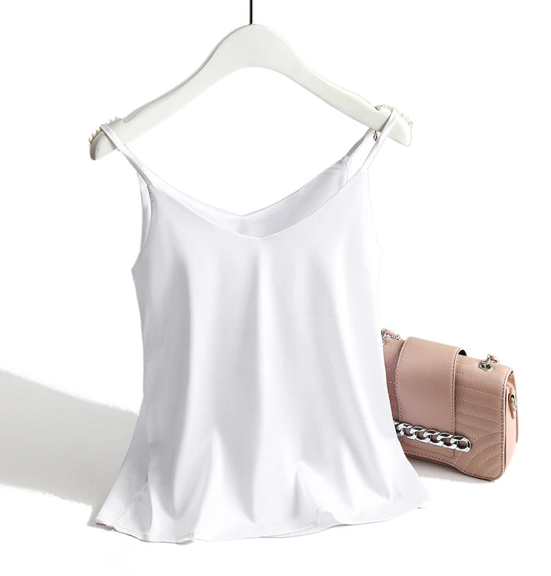 Spaghetti Strap Top Women Halter V Neck Basic White Cami Sleeveless Satin Silk Tank Tops Women'S Summer 2025 Camisole