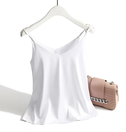 Spaghetti Strap Top Women Halter V Neck Basic White Cami Sleeveless Satin Silk Tank Tops Women'S Summer 2025 Camisole