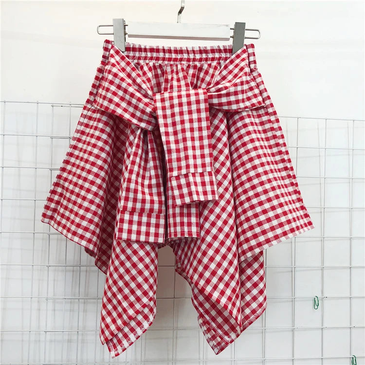 TOTRUST Fashion College Asymmetrical Skirt Women Summer Plaid Skirt Women Casual Students Fake Shirt Mini Skirt Female Saia