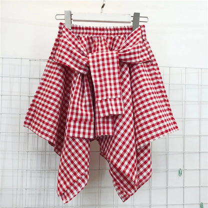 TOTRUST Fashion College Asymmetrical Skirt Women Summer Plaid Skirt Women Casual Students Fake Shirt Mini Skirt Female Saia
