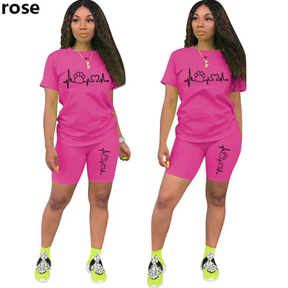 Summer Women Two Piece Set Sportswear T-Shirts and Shorts Ladies Casual O-Neck Pullover Short Sleeve T-Shirt Casual Tracksuit Rose 1