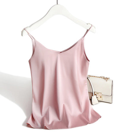 Spaghetti Strap Top Women Halter V Neck Basic White Cami Sleeveless Satin Silk Tank Tops Women'S Summer 2025 Camisole