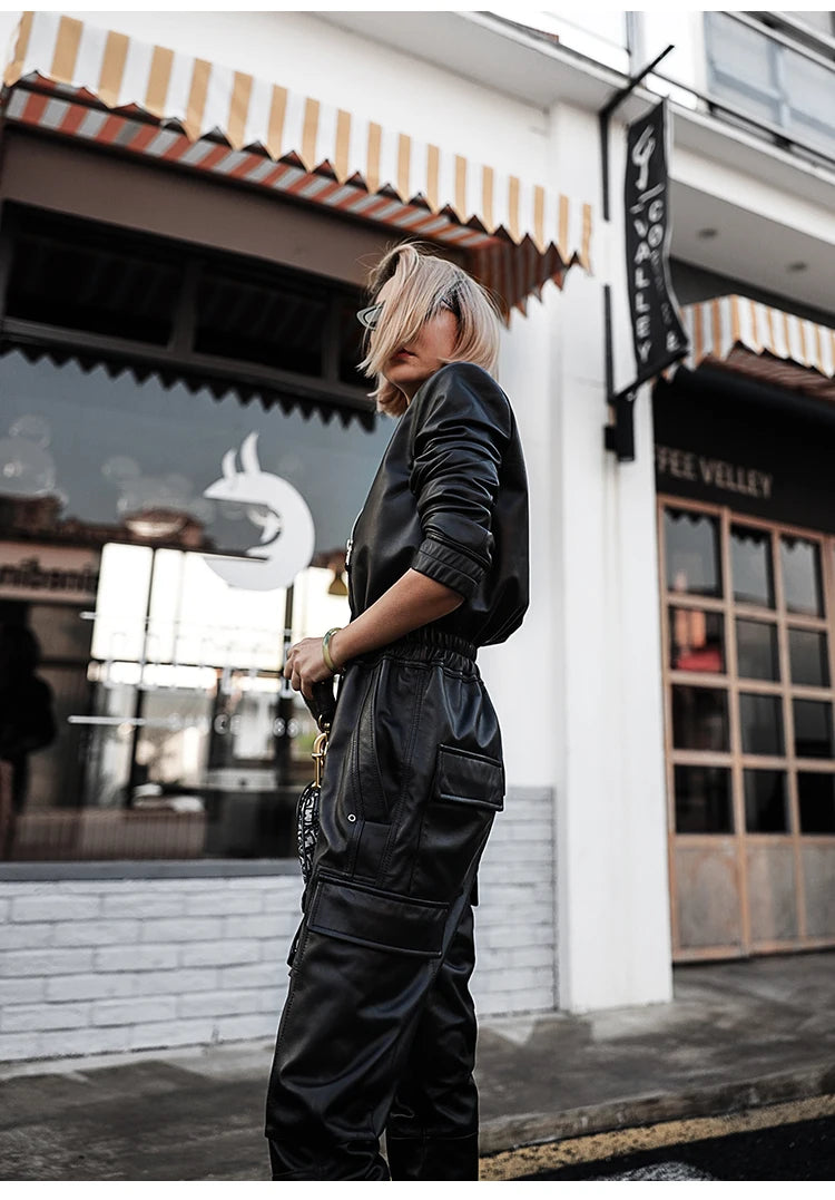 Nerazzurri Autumn Black Soft Faux Leather Cargo Jumpsuit Women Long Sleeve Zipper Luxury Designer Clothes 5xl 6xl 7xl Badiee Stylez