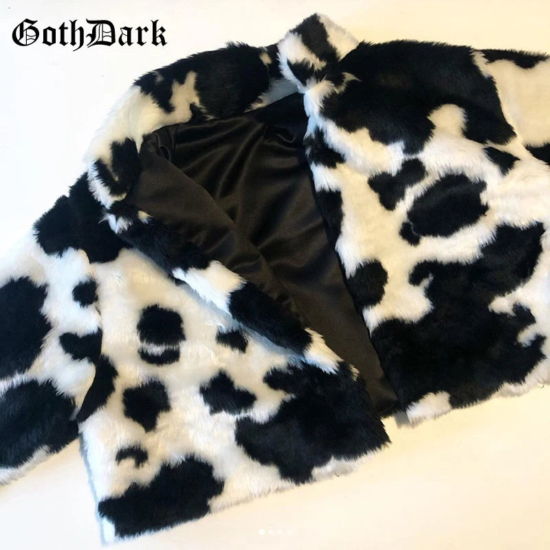 Goth Dark Punk Style Gothic Crop Faux Fur Y2k Coats Fashion Color Block Long Sleeve Women Cardigan Jackets Warm Streetwear 2023
