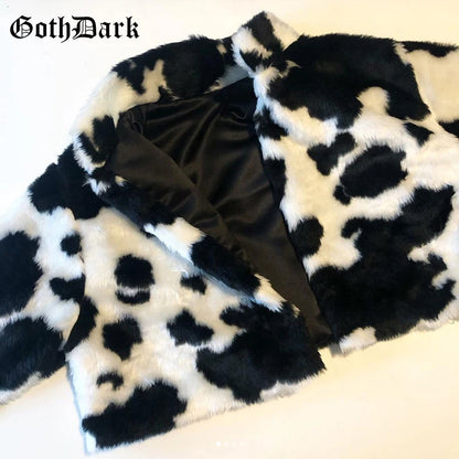 Goth Dark Punk Style Gothic Crop Faux Fur Y2k Coats Fashion Color Block Long Sleeve Women Cardigan Jackets Warm Streetwear 2023