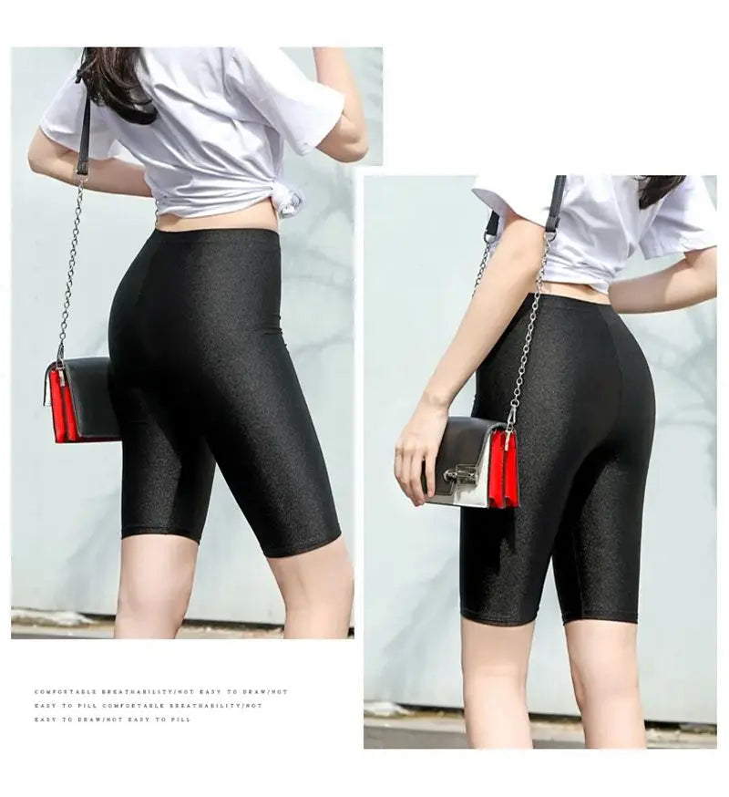 lady summer short pants women solid black shine breathable above knee short capris korean skinny neon pant