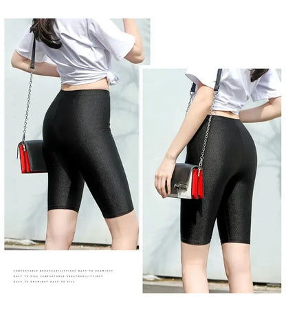lady summer short pants women solid black shine breathable above knee short capris korean skinny neon pant