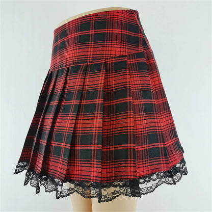 New Contrast Lace Plaid Pleated Skirt Vintage Sexy Skater Clothes Harajuku Gothic Punk England Style Y2k Skirt