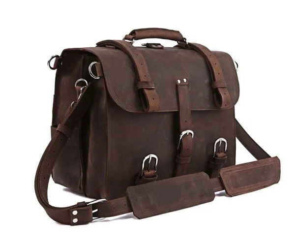 Vintage Crazy Horse Genuine Leather Men Briefcase Business Bag Large Leather Briefcase Male 15.6"Laptop Case Shoulder Bag office