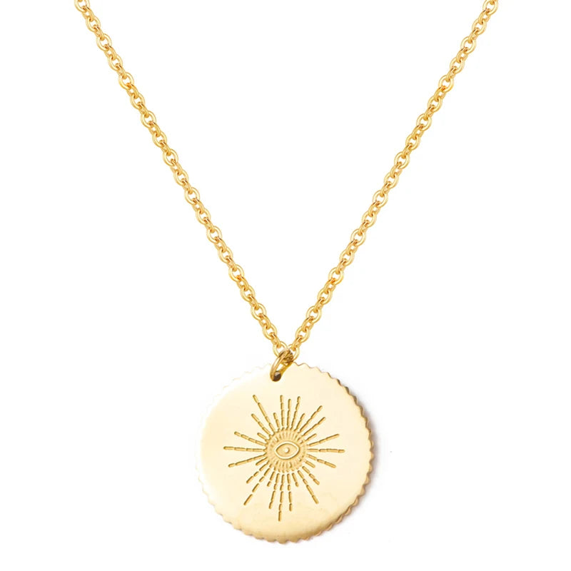 Gold Plated New Women Stainless Steel Necklace Round Disc Pendant With Eyes Pattern Clavicle Necklace Wedding Jewelry Wholesale SN21012809G