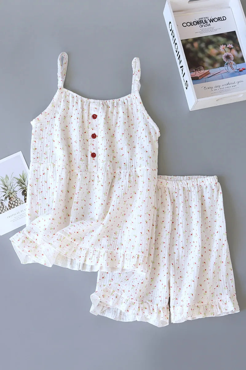 Fdfklak Gauze Cotton Sexy Lingerie Pajamas Set 2 Piece Summer Pyjamas Sleeveless SleepTops And Shorts Sleepwear Suit