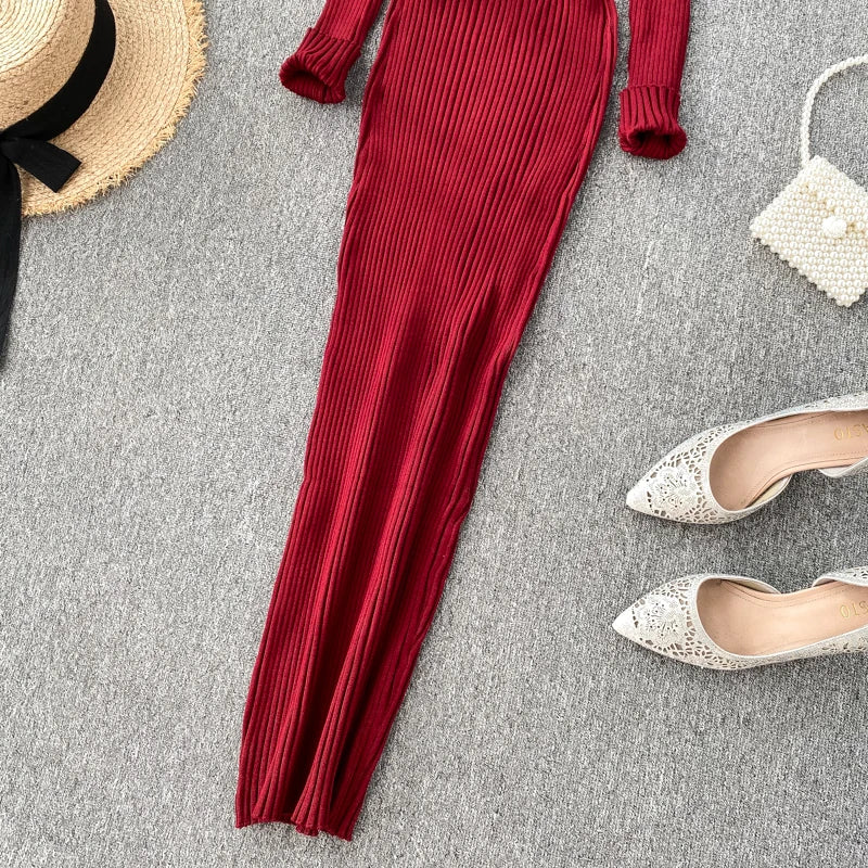 SINGRAIN Women Autumn Knitted Dress V Neck Sexy Slim Elastic Oversized Basic Bodycon Long Dress Winter knit Warm Sweater Dresses