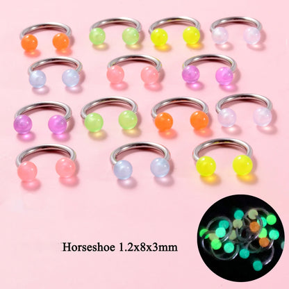 10/14pcs/Set Luminous Surgical Steel Tongue BCR Navel Belly Ring Acrylic Glow in the Dark Ball Labret Stud Body Piercing Jewelry 14PCS Horseshoe CHINA