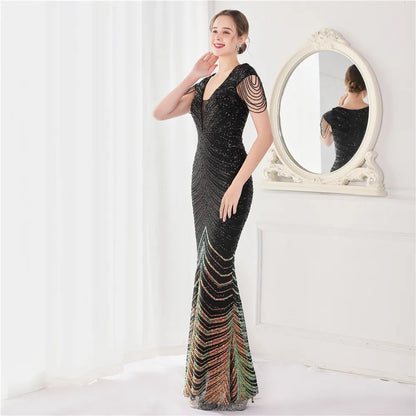 DEERVEADO Elegant V Neck Mermaid Evening Dress Long Luxury Beads Women Evening Party Dresses 2025 New Formal Dress 19085 Badiee Stylez