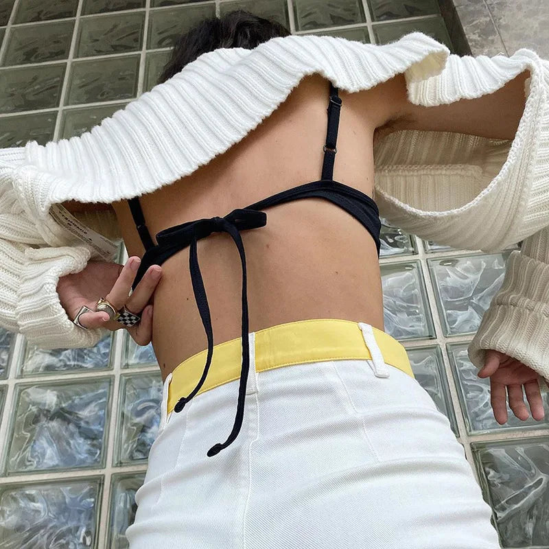 Tossy White Women Sweater Shrugs Cropped Top Full Lantern Sleeve Knitwear Pullover Sexy Summer High Street Outwear 2023 Spring