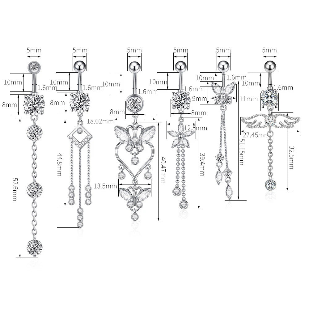 Zircon Crystal Belly Button Ring Dangle Wing Piercing Nombril Ombligo Surgical Steel Barbell Heart Round Navel Stud Body Jewelry