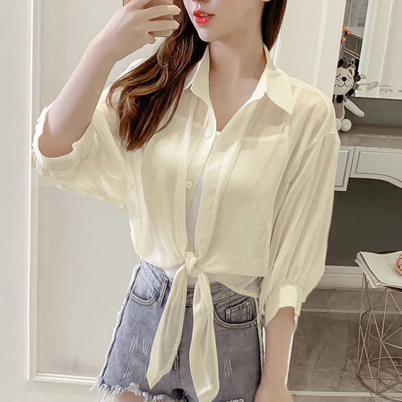 2023 Summer Half Sleeve Buttoned Up Shirt Loose Casual Blouse Chiffon Shirts Women Tied Waist Elegant Blouses for Women 9776