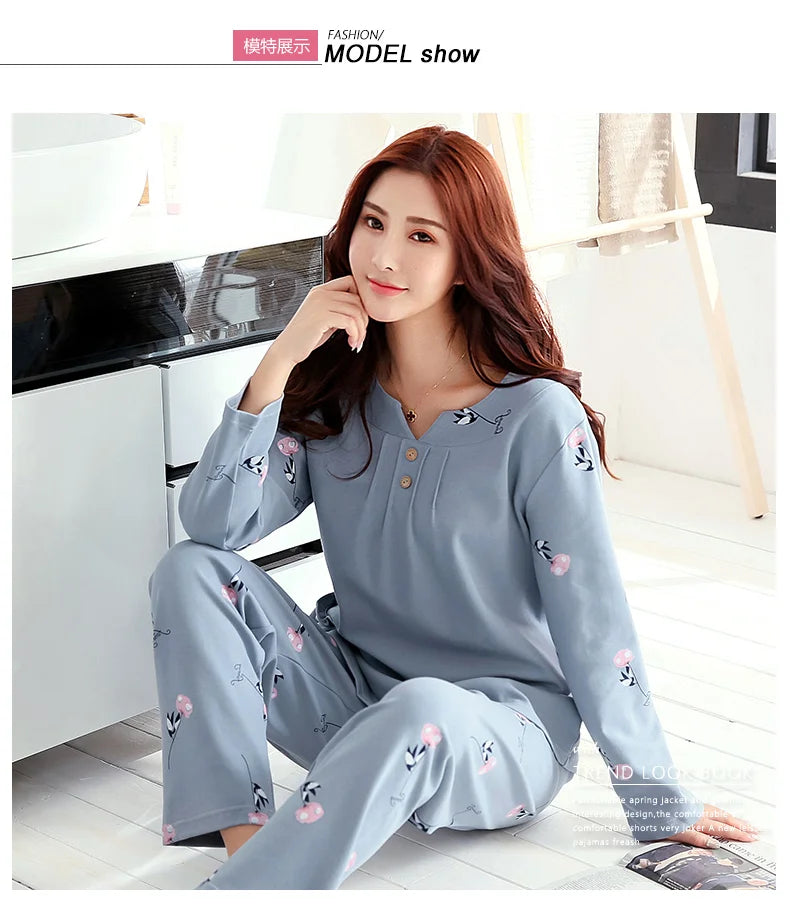Big yards M-4XL v-neck long sleeve pajamas set for women floral print nightwear autumn cotton sleepwear nightie female pyjama