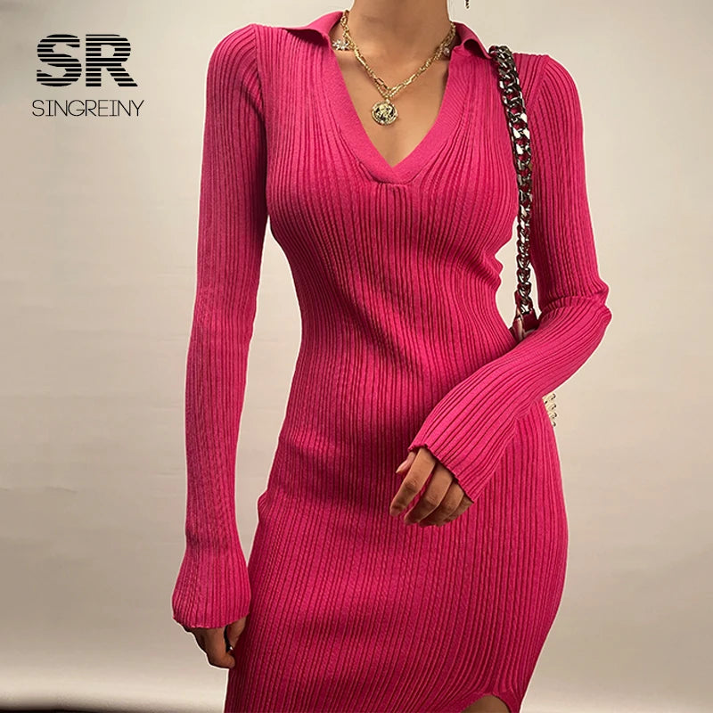 SINGREINY Women Korean Knitted Dress Long Sleeve V Neck Elastic Slim Pencil Dresses 2021 Autumn Sexy Bodycon Split Sweater Dress