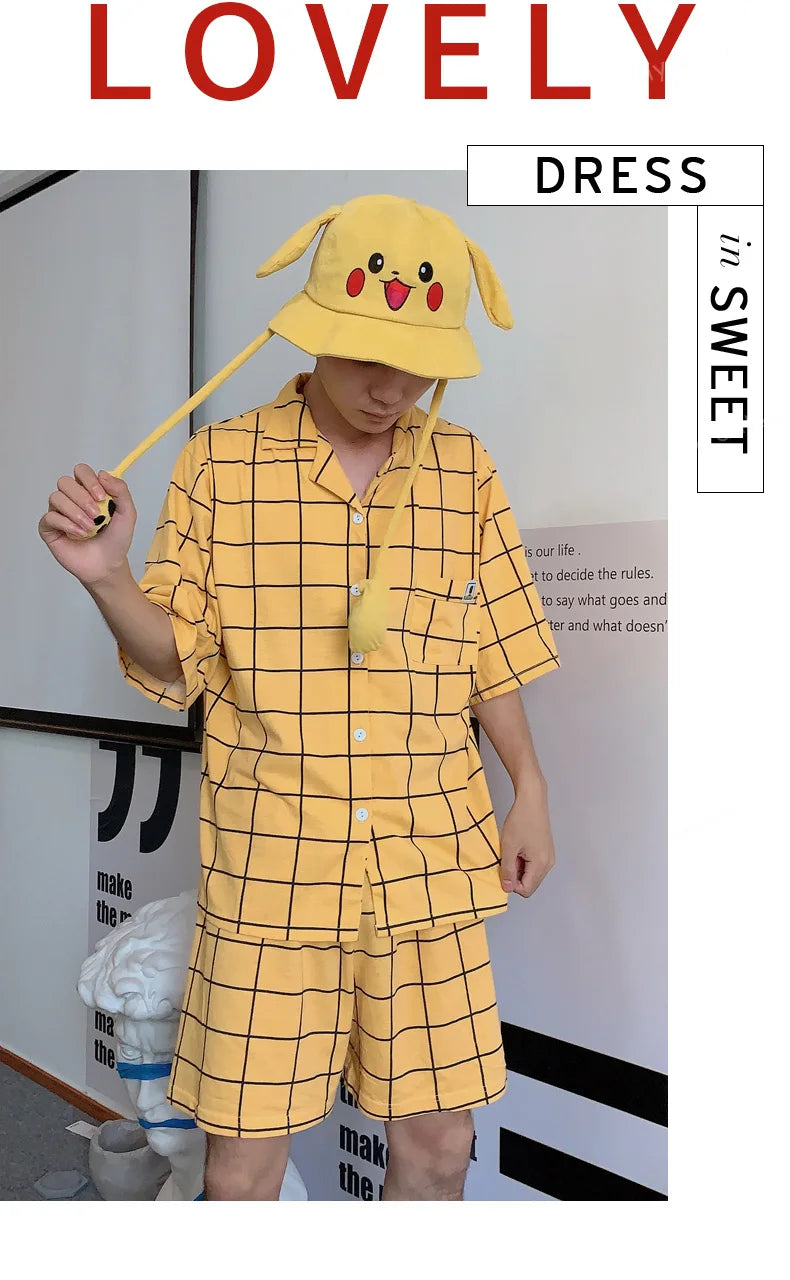 Women's Pyjamas Cute Lattice Print Pajama Sets Summer Casual Short Sleeve Couple Sleepwear Thin Cotton Home Maiden 2-piece Set