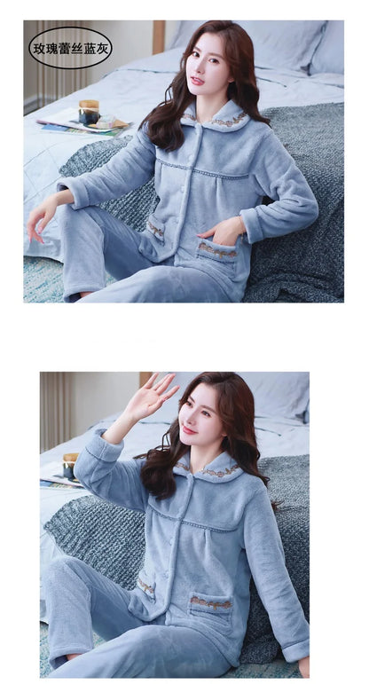 Autumn Winter Thicken Flannel Women Pajamas Set Two-piece suit Warm Loose Long-sleeve Female Casual Home service Single-breasted