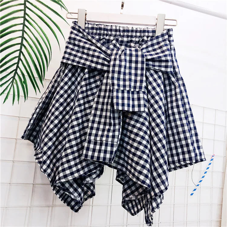 TOTRUST Fashion College Asymmetrical Skirt Women Summer Plaid Skirt Women Casual Students Fake Shirt Mini Skirt Female Saia