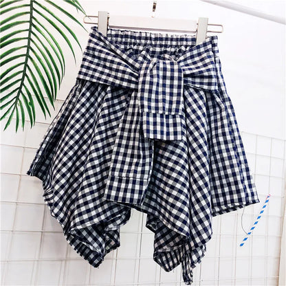 TOTRUST Fashion College Asymmetrical Skirt Women Summer Plaid Skirt Women Casual Students Fake Shirt Mini Skirt Female Saia