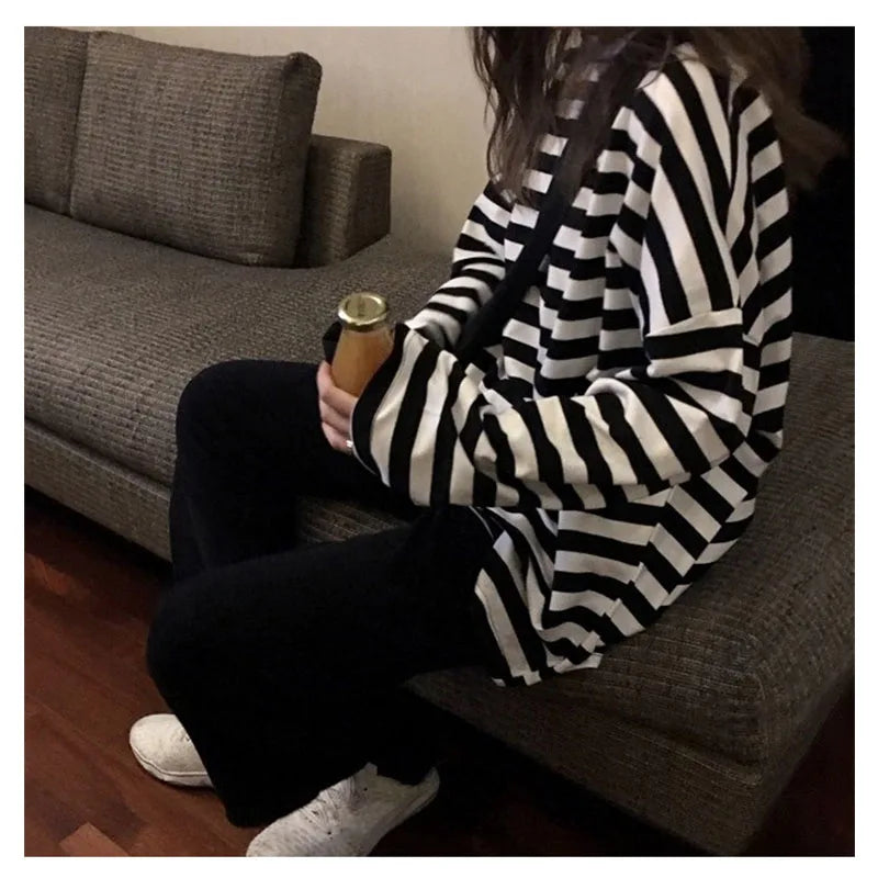 spring Autumn Women harajuku Striped Tshirt Long Sleeve O-Neck T-Shirts ulzzang Korean Casual T Shirt Femme black Tops