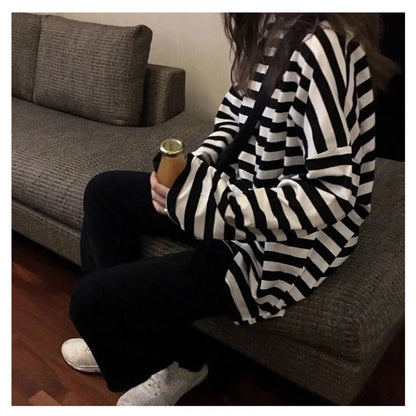 spring Autumn Women harajuku Striped Tshirt Long Sleeve O-Neck T-Shirts ulzzang Korean Casual T Shirt Femme black Tops