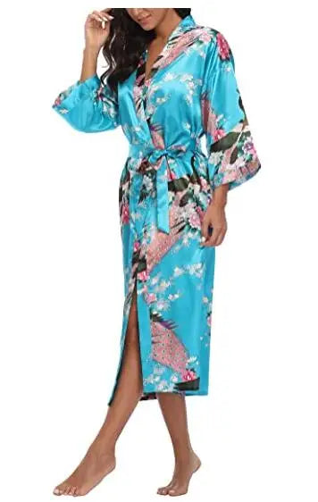 Sexy Women Long Robe With Pocket Wedding Bride Bridesmaid Dressing Gown Rayon Kimono Bathrobe Large Size S-XXXL Night Dress lake blue