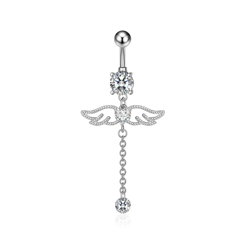 Zircon Crystal Belly Button Ring Dangle Wing Piercing Nombril Ombligo Surgical Steel Barbell Heart Round Navel Stud Body Jewelry 2575-SR